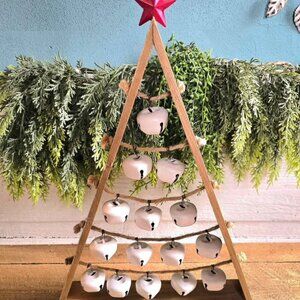 Wooden Dangling White Jingle Bell Red Star Christmas Holiday Tree Decoration